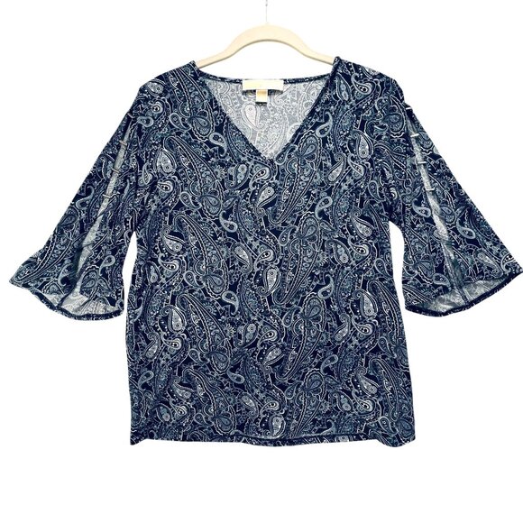 Michael Kors Paisley Bell Sleeve Top Metallic Shoulder VNeck Navy White S Womens - Picture 1 of 11